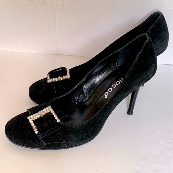 Stunning black suede stiletto shoes with large buckle of shiny rhinestones 40 10 - Picture 9 of 12